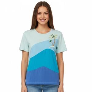 Cabin Creek Tropical Palm Tree T-shirt Womens Size Medium Blue Multi Vacay Top